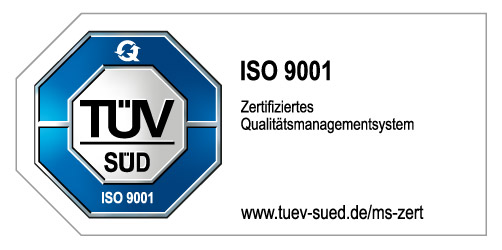 Logo des TÜV Süd mit ISO 9001 Zertifizierung für das Managementsystem.